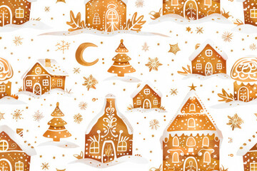 Bright background for wallpaper and packaging with gingerbread houses in glaze