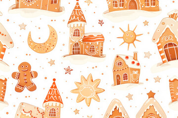 Bright background for wallpaper and packaging with gingerbread houses in glaze