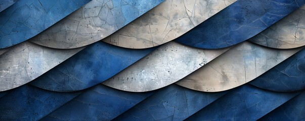Overlapping blue and white diagonal layers with silver accents crafted as a three panel artwork
