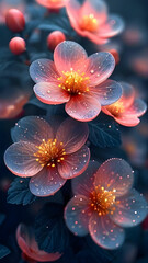 A garden of different colorful flowers in dew drops and mists, presenting a charming scene