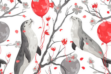 Bright background for wallpaper and packaging with cute fur seals and red balls