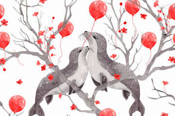 Bright background for wallpaper and packaging with cute fur seals and red balls