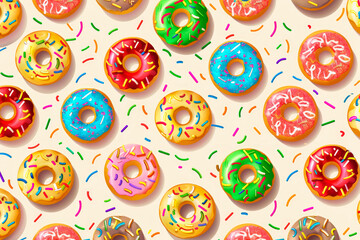 Bright background for wallpaper and packaging with multi-colored donuts in glaze