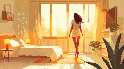 Barefoot woman walking on floor with heating in bedroom