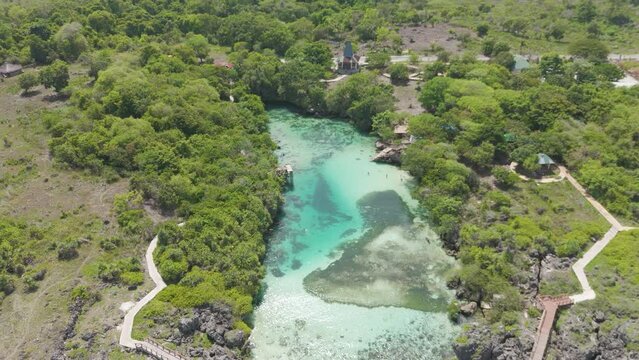 Weekuri Lagoon, Sumba island, Indonesia. A beautiful blue lake with a green forest in the background. The water is calm and clear, and the trees are lush and green