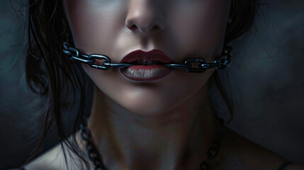Young woman with chain on mouth against dark background