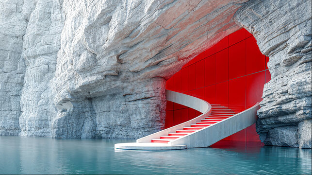 Red stairs amid chalk rock cliffs - a product display concept. 