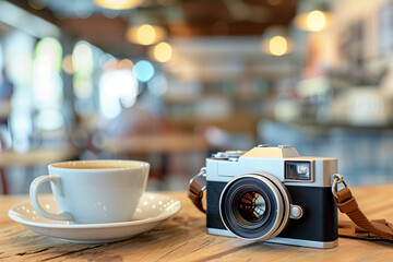 A coffee cup and a vintage camera on a wooden table in a coffee shop - Powered by Adobe