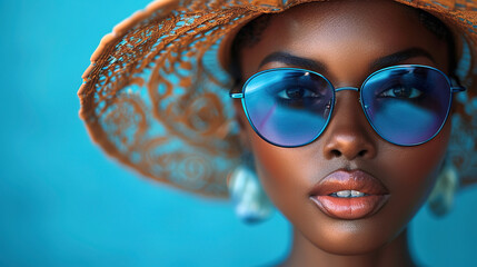 Portrait of a black young woman in sunglasses, wearing a beach hat on a blue background.