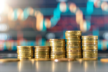 Stack of golden coin with stock and financial data background, representing growth in investment returns and business profits, portfolio management and diversification strategies