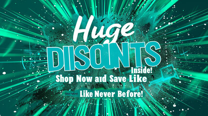An electrifying emerald green background with bold turquoise font "Huge Discounts Inside! Shop Now and Save Like Never Before!"