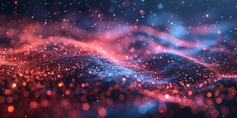 A colorful, swirling background with red, blue, and purple dots