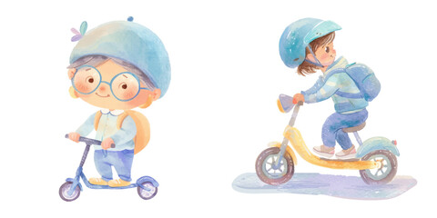 cute kid riding scooter watercolor vector illustration