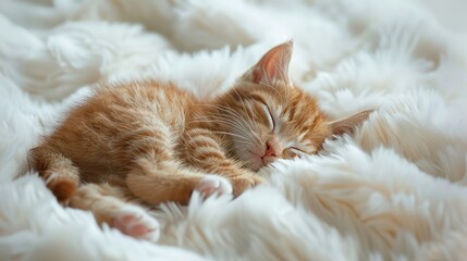 Cute little red kitten is sleeping on soft white blanket