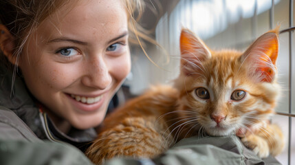 Happy young volunteer learns to handle a furry cat, possibly during a hands-on training at an animal rescue facility.