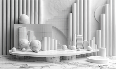 3d render of a white and grey geometric scene with spheres, cylinders, and other shapes on a marble floor.