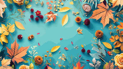 Beautiful autumn composition on blue background Vector - obrazy, fototapety, plakaty