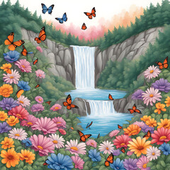 flowers grow and butterflies fly along the shore of the waterfall