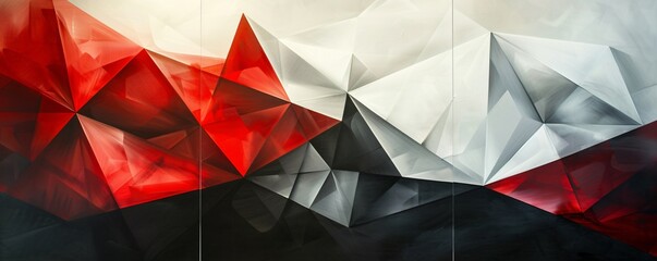Red white black abstract geometric art presented in a compelling three panel format