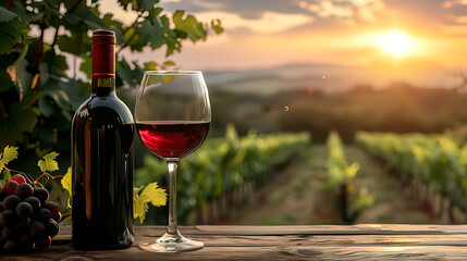 A bottle of red wine and a glass of wine stand on an old table, against the backdrop of the sunset. A bottle and glass of red wine against the backdrop of a vineyard.