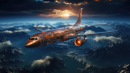 Naklejka premium An airplane is flying over a mountain range at sunset.