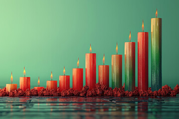 An upward trend of red and green candles on a green background.