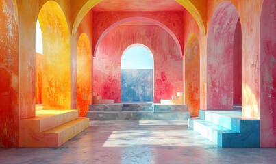 Fototapeta premium Colorful an arched hallway with a blue sky