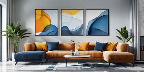 Sleek futurism in a modern blue abstract geometric triptych perfect for contemporary spaces