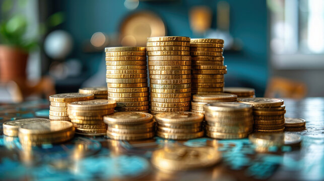 Stacks of gold coins on a table.