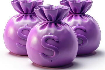 Three purple money bags with dollar signs on them. - obrazy, fototapety, plakaty