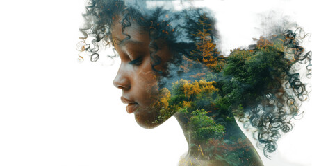 A double exposure Woman with leafy hair, interplay of human and nature, Earth's beauty, Earth day concept