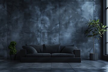 A modern luxury living room with a black sofa, paired with a dark concrete wall that offers a sleek and contemporary vibe