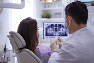A lady patient in a dental chair and male dentist looking at an x ray together adult electronics technology.