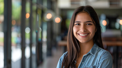 Young Latina woman with a smile, maybe a teacher or a college student, standing on a campus. A contented Hispanic millennial woman poses professionally at a contemporary creative workspace