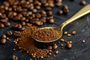 Spoon With Coffee Beans Next to Pile