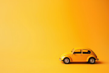 Model of yellow retro car on a yellow background. Small vintage car toy. Miniature classic auto, side view with copy space. Summertime vacation road trip, travel concept. Taxi. Present delivery