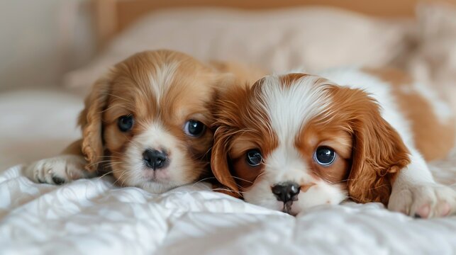 A playful King Charles puppy and a lovely Scottish kitten rest on a bed in a wide photo for a banner
