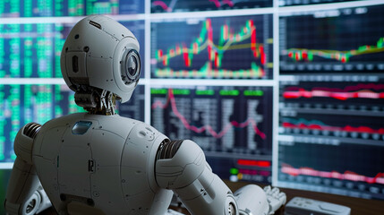 side view of robot sitting in front of trading charts computer screens set up at desk, ..