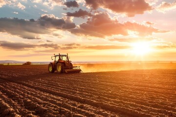Fototapeta premium Tractor cultivating field tractor outdoors horizon.