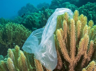 Plastic bag around coral reef. Ocean Pollution.