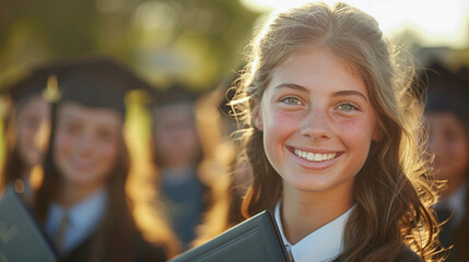 Young graduate girl in focus, her hopeful gaze reflecting the optimism of a bright future, as fellow graduates blur behind
