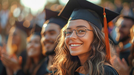 A radiant young woman in a graduation cap smiles brightly, surrounded by fellow graduates in a moment of triumph and joy