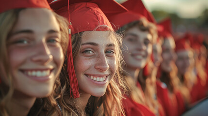 A group of jubilant graduates in red gowns share a joyous moment, their smiles epitomizing the elation of accomplishment