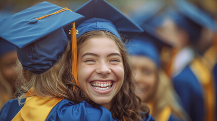 A radiant female young graduate with a beaming smile celebrates her achievement amidst a sea of blue gowns and caps