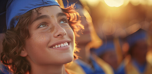 A joyful young boy graduate gazes upward, inspired by the bright future on his graduation day