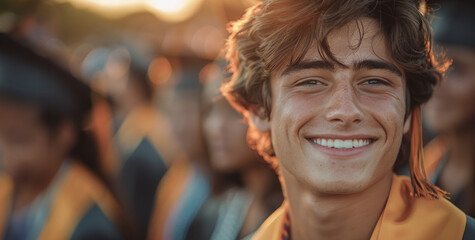 A confident young male graduate with a winning smile celebrates his achievements during the golden hour