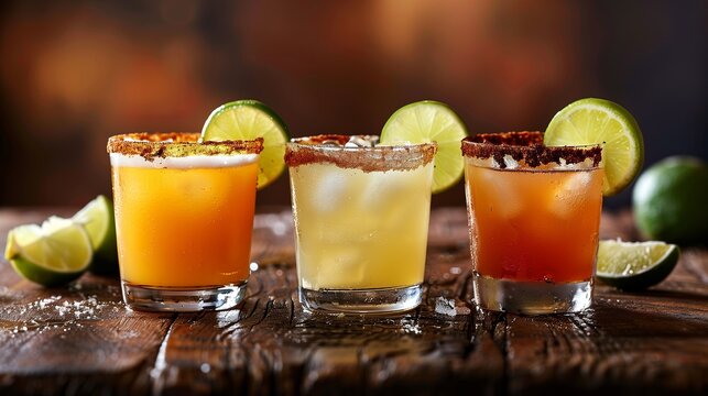  Mexican beverages served during Cinco de Mayo,  margaritas, tequila, and horchata. Generative AI
