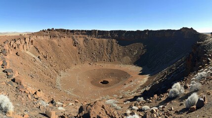 Hikers encounter large meteor crater in forest, amazed by its immense size and striking impact