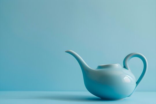Blue neti pot on a blue background: A tool for nasal rinsing. Concept Neti Pot, Nasal Care, Sinus Relief, Health and Wellness, Blue Accessories