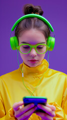 Young woman with neon green headphones and glasses. Purple background